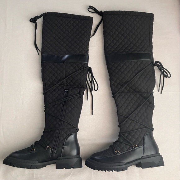 Sabrini Black Caviar Quilted Tall Boots Size 7 Chunky Heel New - Picture 5 of 11